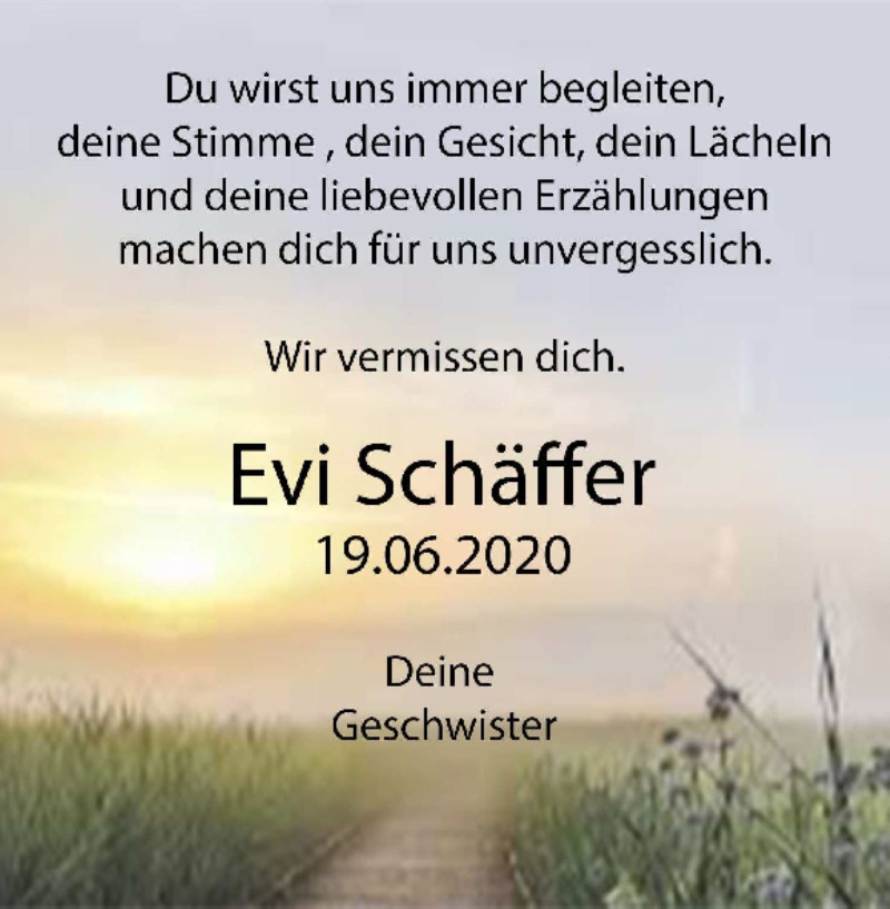  Traueranzeige für Eveline Schäffer vom 19.06.2021 aus Heidenheimer Zeitung
