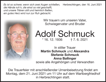 Traueranzeige von Adolf Schmuck von Heidenheimer Zeitung
