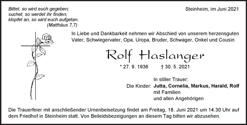  Traueranzeige für Rolf Haslanger vom 15.06.2021 aus Heidenheimer Zeitung