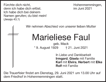 Traueranzeige von Marliese Faul von Heidenheimer Zeitung