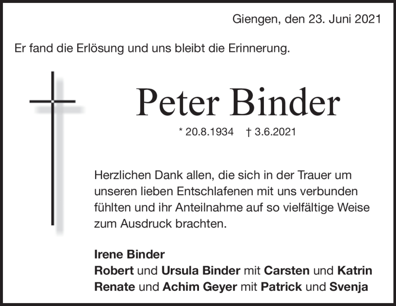  Traueranzeige für Peter Binder vom 23.06.2021 aus Heidenheimer Zeitung