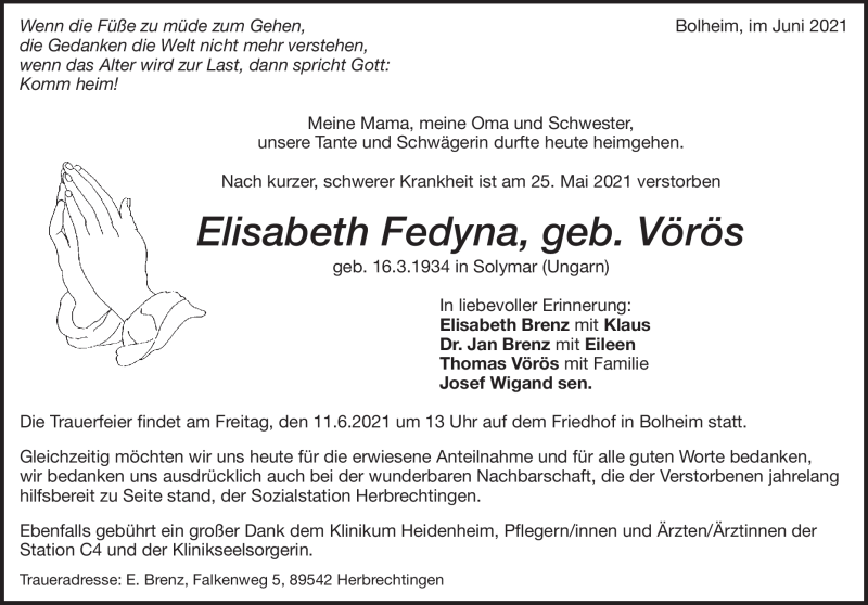  Traueranzeige für Elisabeth Fedyna vom 05.06.2021 aus Heidenheimer Zeitung