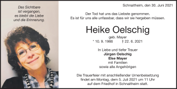 Traueranzeige von Heike Oelschig von Heidenheimer Zeitung