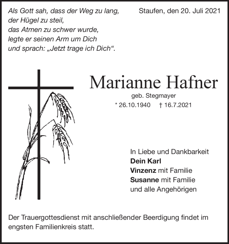  Traueranzeige für Marianne Hafner vom 20.07.2021 aus Heidenheimer Zeitung