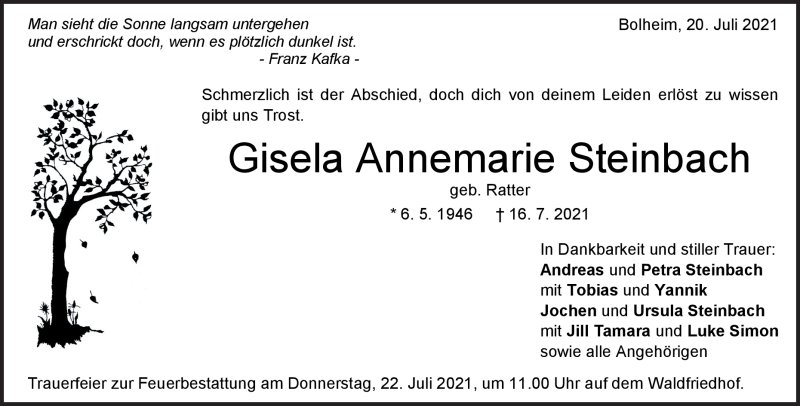  Traueranzeige für Gisela Steinbach vom 20.07.2021 aus Heidenheimer Zeitung