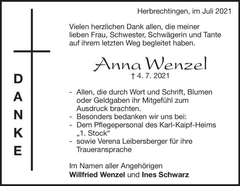  Traueranzeige für Anna Wenzel vom 28.07.2021 aus Heidenheimer Zeitung