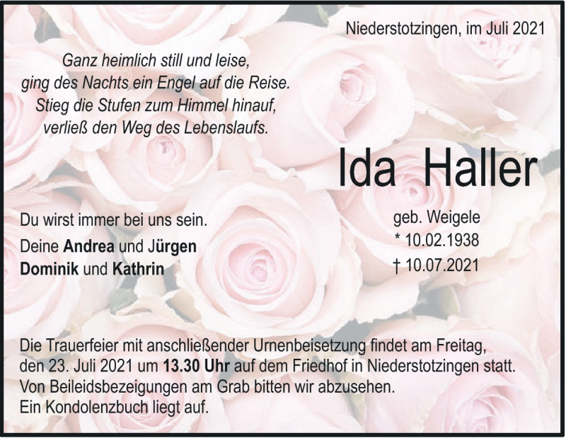 Traueranzeige für Ida Haller vom 21.07.2021 aus Heidenheimer Zeitung