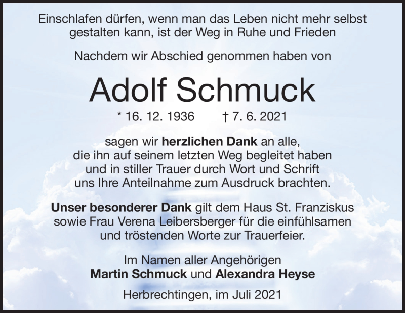  Traueranzeige für Adolf Schmuck vom 17.07.2021 aus Heidenheimer Zeitung