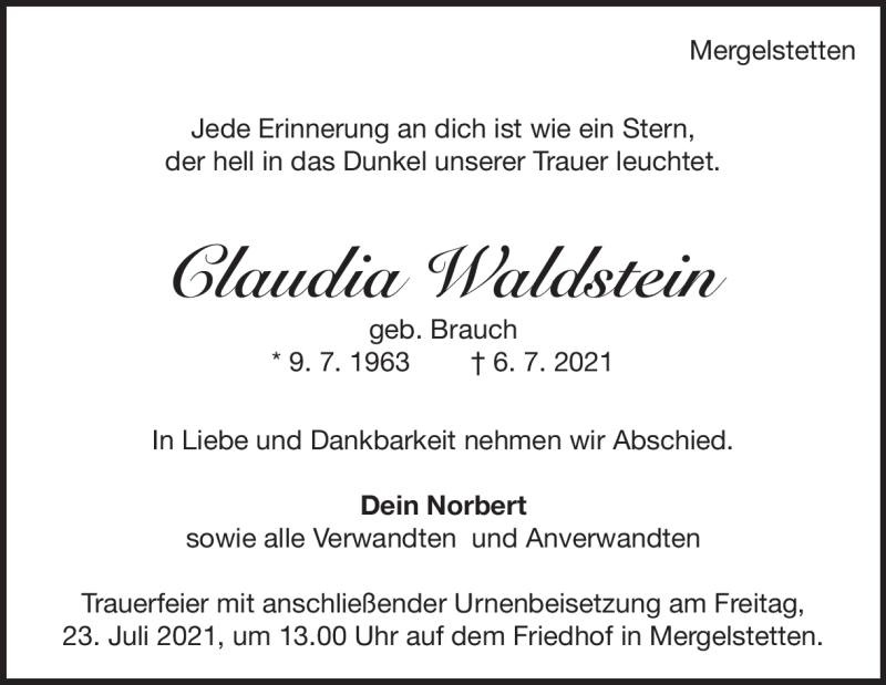  Traueranzeige für Claudia Waldstein vom 19.07.2021 aus Heidenheimer Zeitung