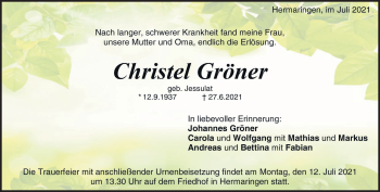 Traueranzeige von Christel Gröner von Heidenheimer Zeitung