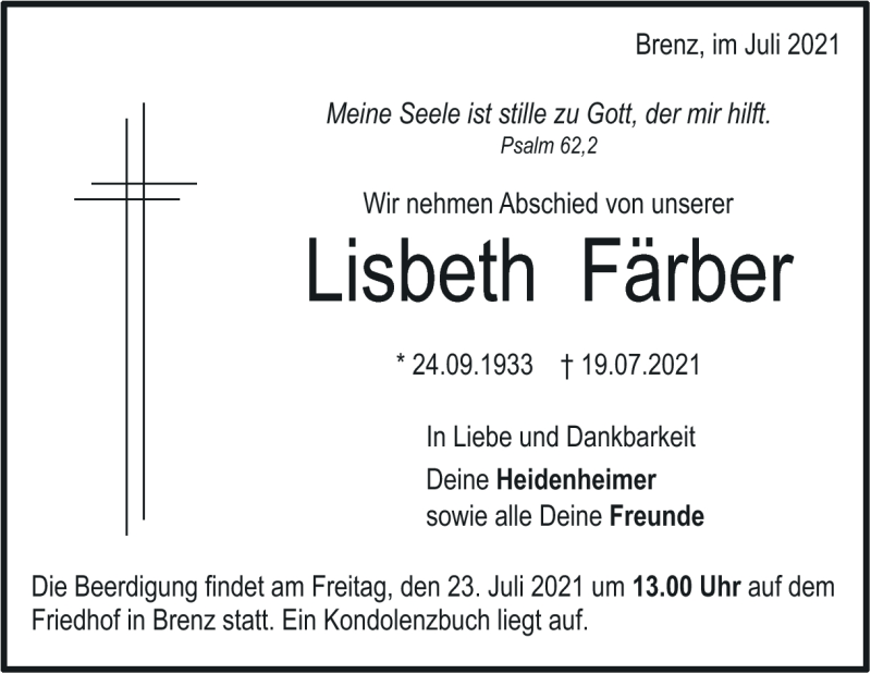  Traueranzeige für Lisbeth Färber vom 22.07.2021 aus Heidenheimer Zeitung