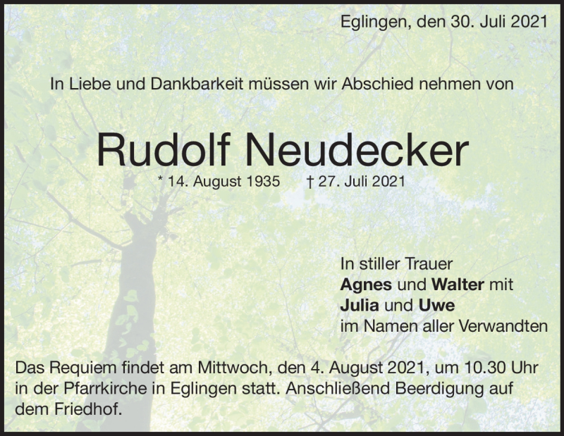  Traueranzeige für Rudolf Neudecker vom 30.07.2021 aus Heidenheimer Zeitung