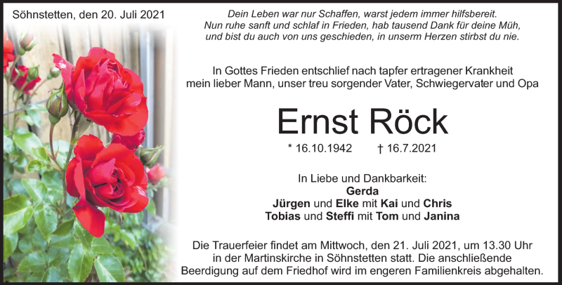  Traueranzeige für Ernst Röck vom 20.07.2021 aus Heidenheimer Zeitung