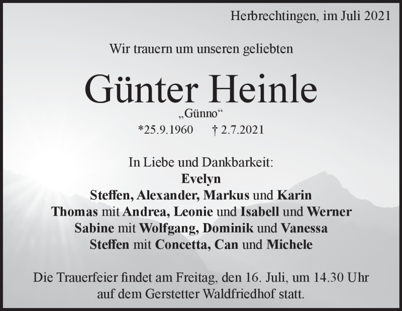  Traueranzeige für Günter Heinle vom 13.07.2021 aus Heidenheimer Zeitung