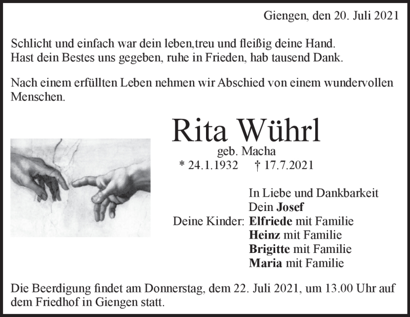  Traueranzeige für Rita Wührl vom 20.07.2021 aus Heidenheimer Zeitung