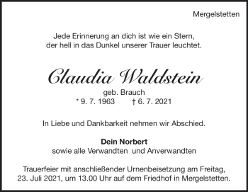 Traueranzeige von Claudia Waldstein von Heidenheimer Zeitung