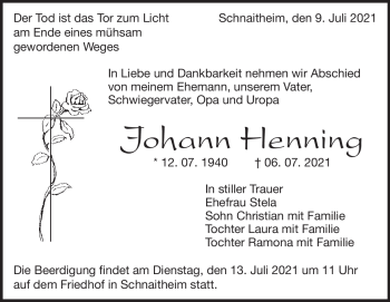 Traueranzeige von Johann Henning von Heidenheimer Zeitung