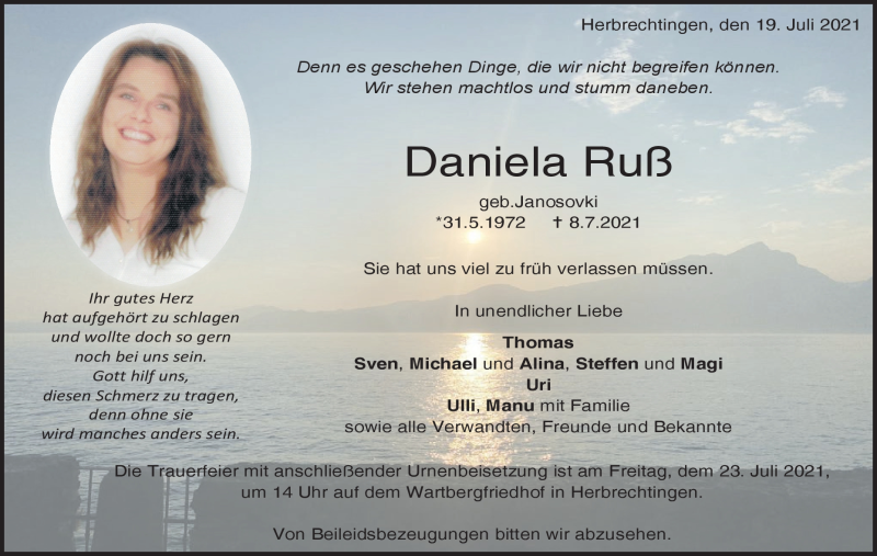  Traueranzeige für Daniela Ruß vom 19.07.2021 aus Heidenheimer Zeitung
