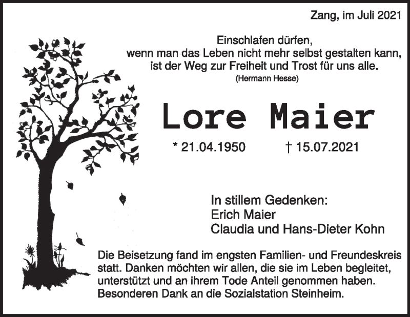  Traueranzeige für Lore Maier vom 31.07.2021 aus Heidenheimer Zeitung