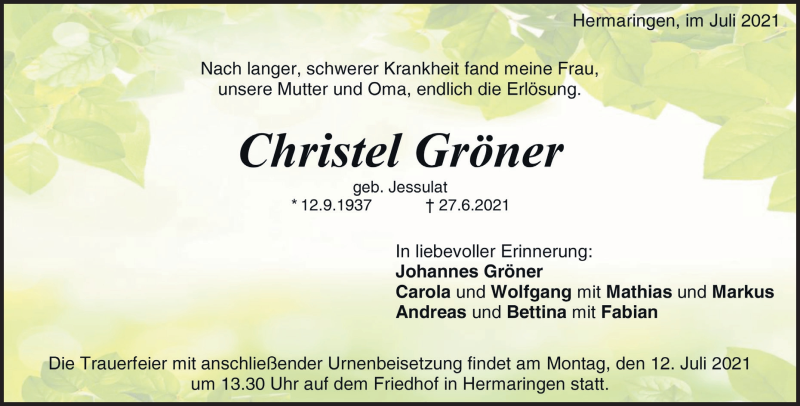  Traueranzeige für Christel Gröner vom 08.07.2021 aus Heidenheimer Zeitung