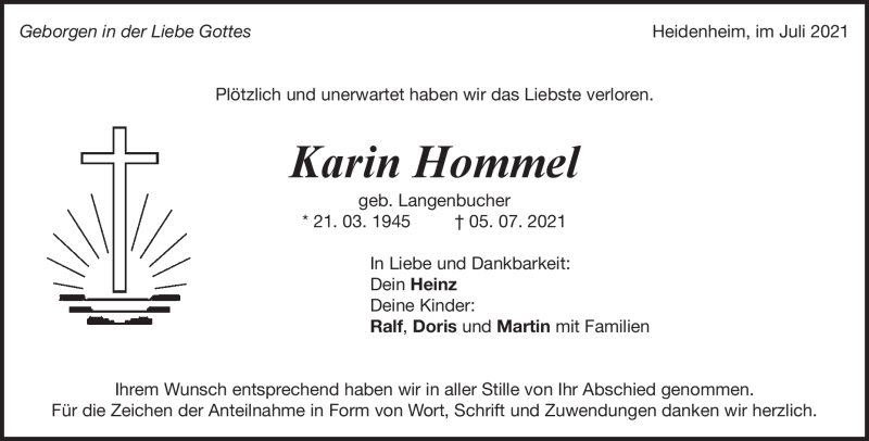  Traueranzeige für Karin Hommel vom 21.07.2021 aus Heidenheimer Zeitung