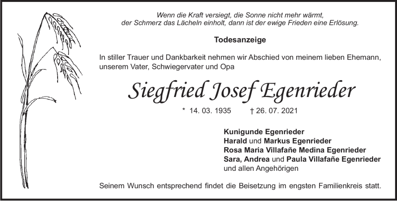 Traueranzeige für Siegfried Josef Egenrieder vom 31.07.2021 aus Heidenheimer Zeitung