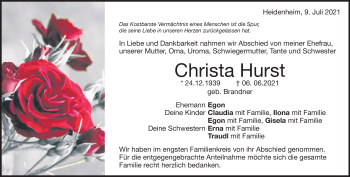 Traueranzeige von Christa Hurst von Heidenheimer Zeitung