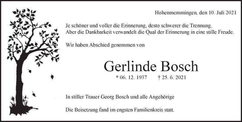  Traueranzeige für Gerlinde Bosch vom 10.07.2021 aus Heidenheimer Zeitung