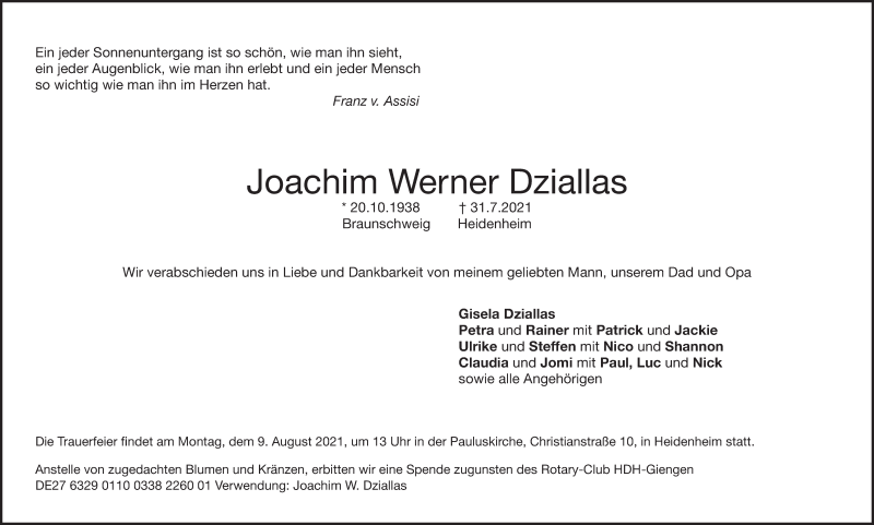  Traueranzeige für Joachim Dziallas vom 03.08.2021 aus Heidenheimer Zeitung