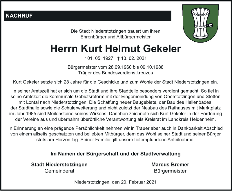  Traueranzeige für Kurt Gekeler vom 20.02.2021 aus Heidenheimer Zeitung
