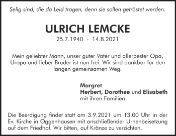 Traueranzeige von Ulrich Lemcke von Heidenheimer Zeitung