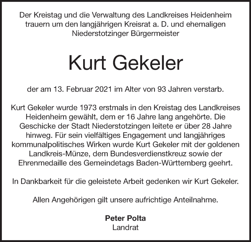  Traueranzeige für Kurt Gekeler vom 20.02.2021 aus Heidenheimer Zeitung