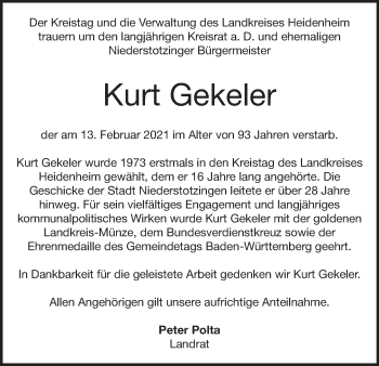 Traueranzeige von Kurt Gekeler von Heidenheimer Zeitung