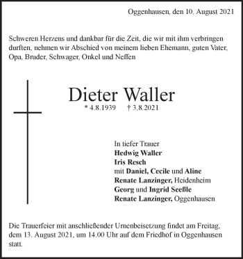 Traueranzeige von Dieter Waller von Heidenheimer Zeitung