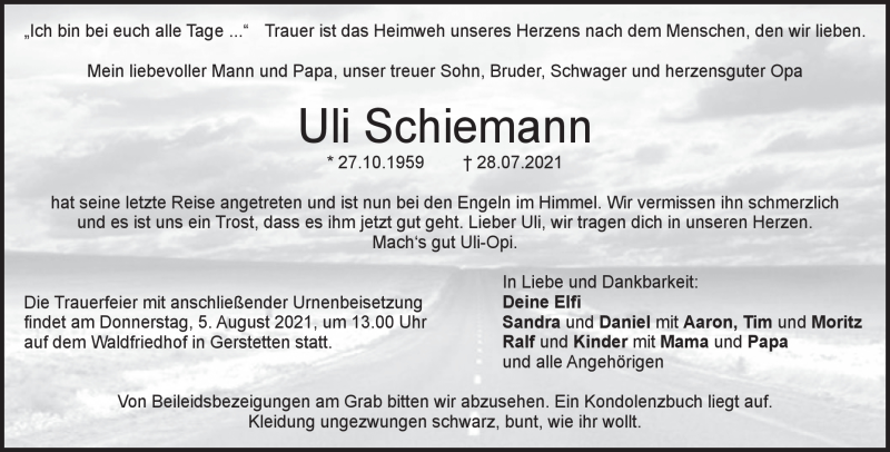  Traueranzeige für Uli Schiemann vom 02.08.2021 aus Heidenheimer Zeitung