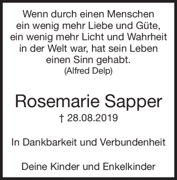 Traueranzeige von Rosemarie Sapper von Heidenheimer Zeitung