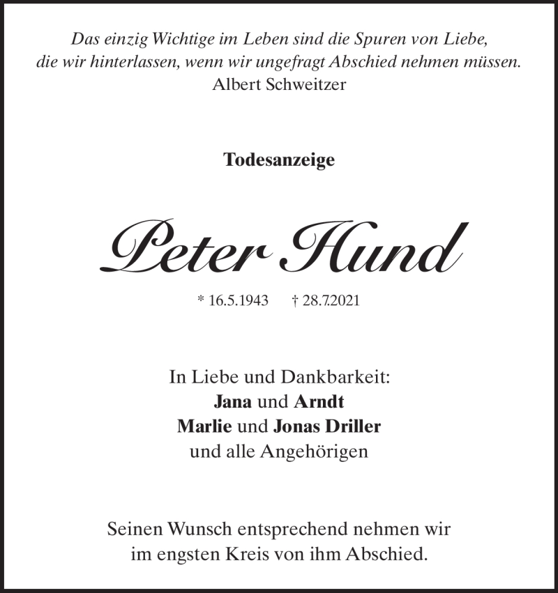  Traueranzeige für Peter Hund vom 05.08.2021 aus Heidenheimer Zeitung