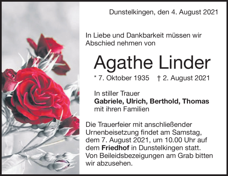  Traueranzeige für Agathe Linder vom 04.08.2021 aus Heidenheimer Zeitung