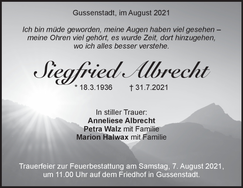  Traueranzeige für Siegfried Albrecht vom 04.08.2021 aus Heidenheimer Zeitung