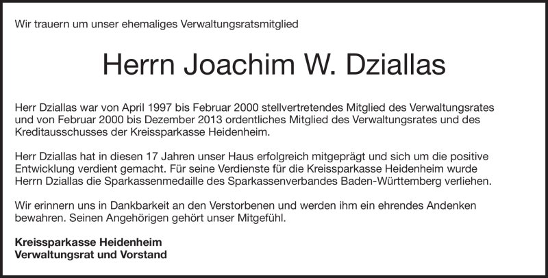  Traueranzeige für Joachim Dziallas vom 04.08.2021 aus Heidenheimer Zeitung