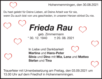 Traueranzeige von Frieda Rau von Heidenheimer Zeitung