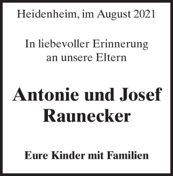 Traueranzeige von Antonie Raunecker von Heidenheimer Zeitung