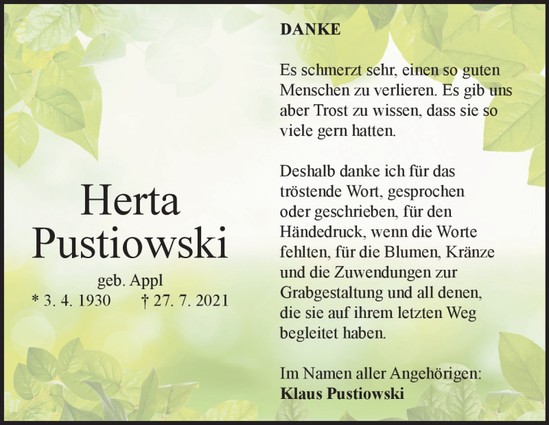  Traueranzeige für Herta Pustiowski vom 21.08.2021 aus Heidenheimer Zeitung