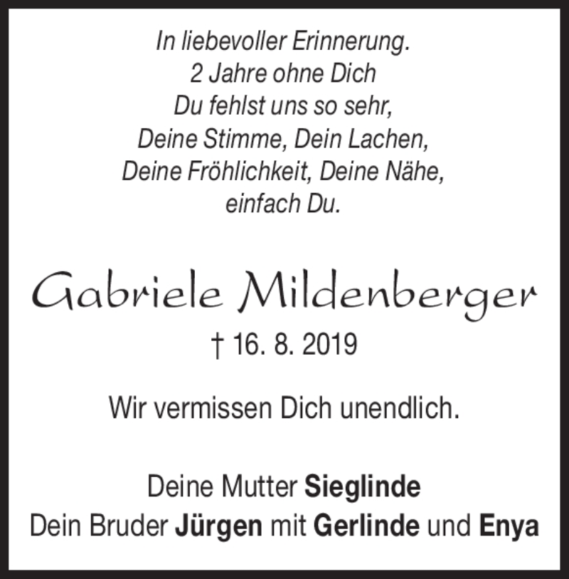  Traueranzeige für Gabriele Mildenberger vom 16.08.2021 aus Heidenheimer Zeitung
