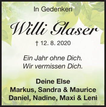 Traueranzeige von Willi Glaser von Heidenheimer Zeitung