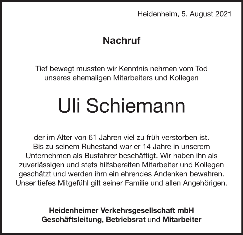  Traueranzeige für Uli Schiemann vom 05.08.2021 aus Heidenheimer Zeitung