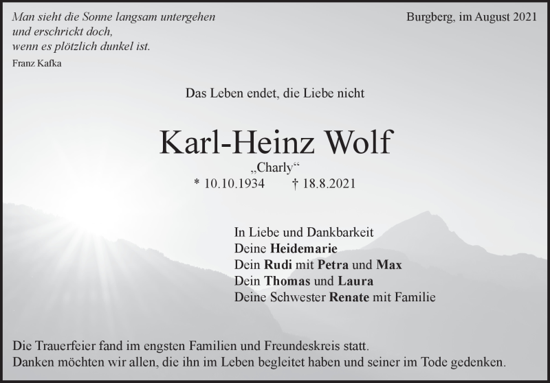  Traueranzeige für Karl-Heinz Wolf vom 28.08.2021 aus Heidenheimer Zeitung