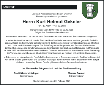 Traueranzeige von Kurt Gekeler von Heidenheimer Zeitung