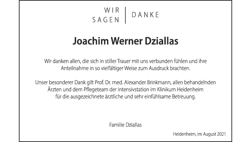  Traueranzeige für Joachim Dziallas vom 28.08.2021 aus Heidenheimer Zeitung