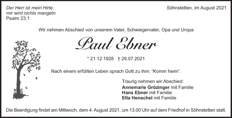  Traueranzeige für Paul Ebner vom 02.08.2021 aus Heidenheimer Zeitung